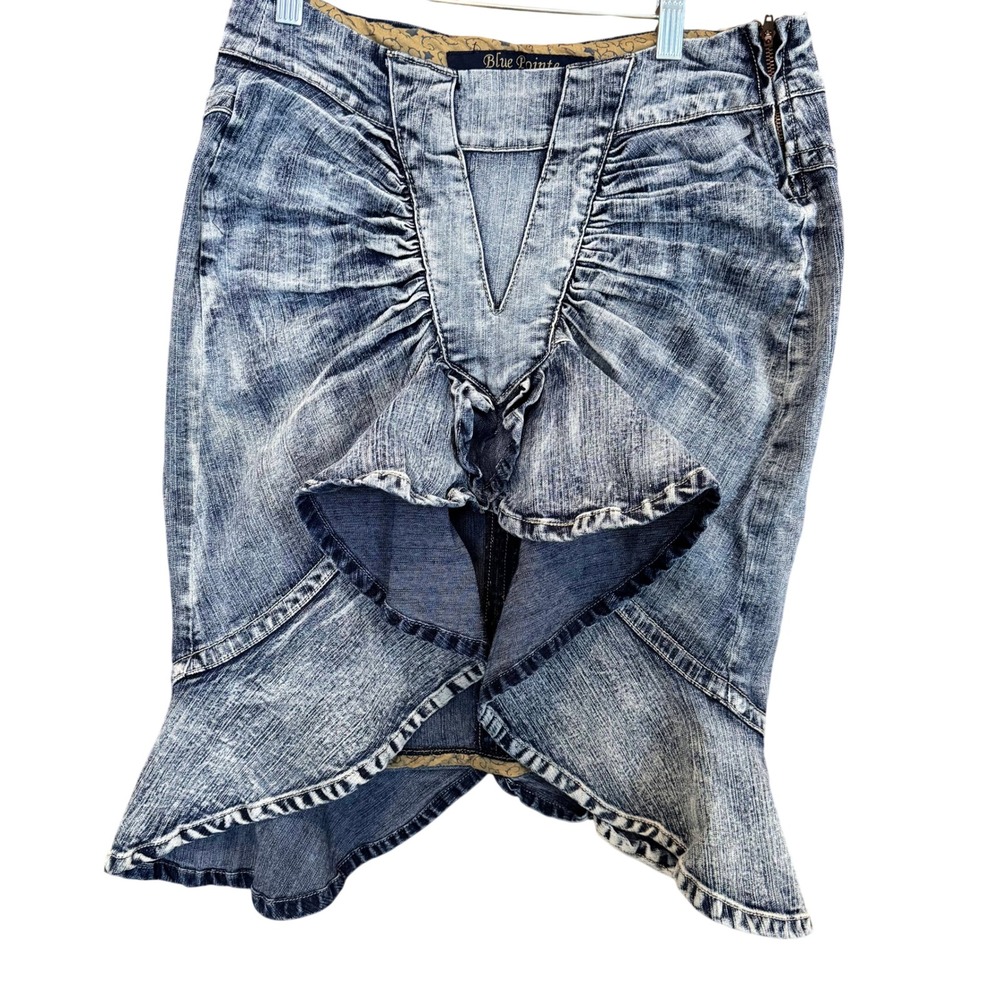 Blue Pointe Denim Skirt 9 Ruffled High Low Ruched Acid Wash 90s Y2K Fairy Grunge
